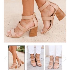 NEW* BRYNN TAN TRIPLE STRAP WOOD HEELS